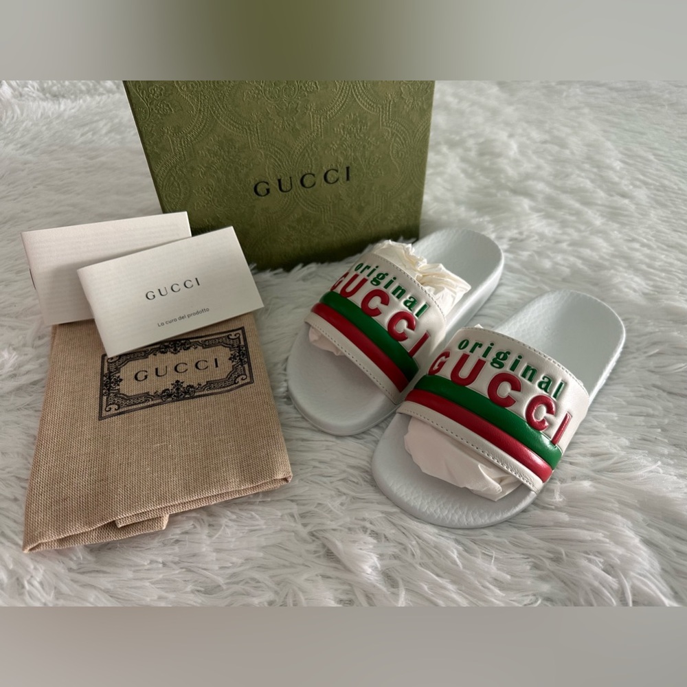 Authentic GUCCI Kids Original Gucci White‎ Logo Slides Shoes Sz 27
